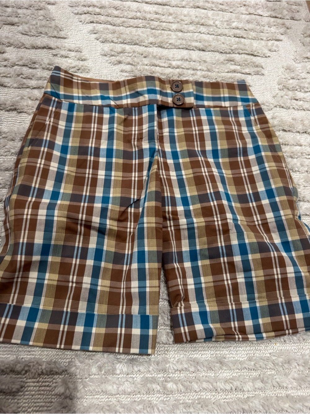 zinc Brown Plaid Capris with Blue and Cream Stripes